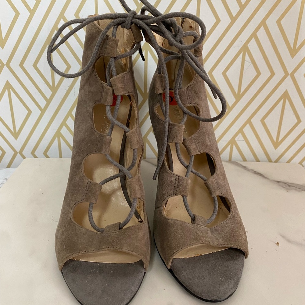 Nine West Taupe Lace-Up Suede Peep-Toe Heels